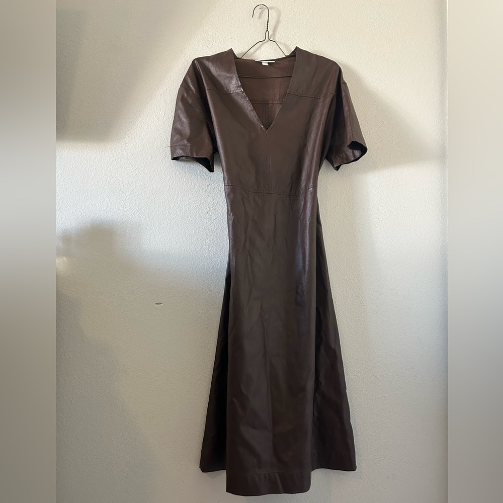 vegan leather brown pleather t-shirt short sleeve prologue midi oversize dress